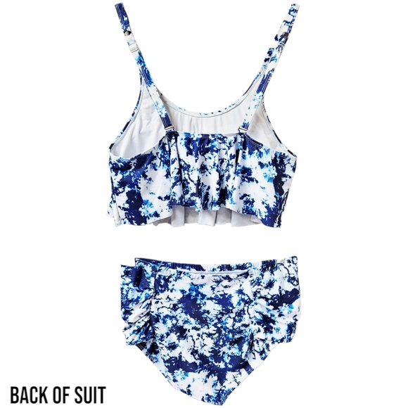 PLUS SIZE Women's Blue & White Tie Dye 2 Piece Ruffle Ruched Swim Suit Size XXL - Picture 7 of 10